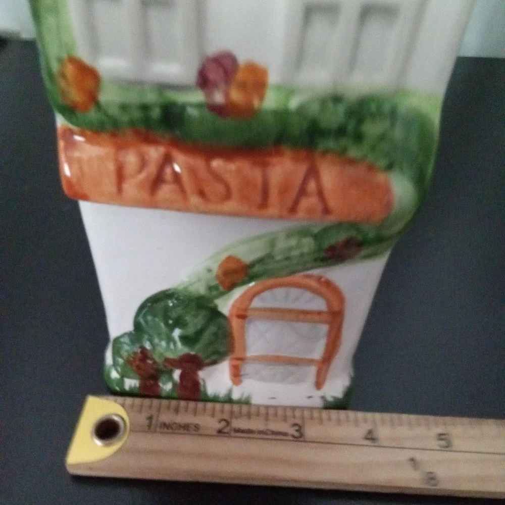 Vintage Style Ceramic Tall Pasta Canister House Shape Hand Painted 12.5 Inch